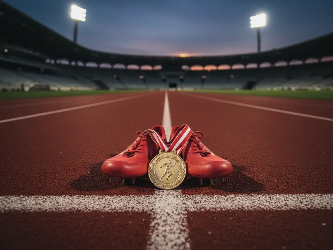 Buty z kolcami i złoty medal na linii mety czerwonej bieżni lekkoatletycznej o zmierzchu. W tle światła stadionu.