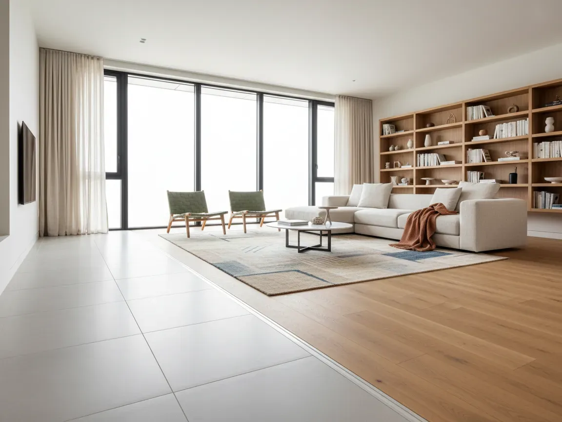 Jasny, nowoczesny salon z przejściem podłogowym między płytkami a dębowym laminatem, minimalistyczne meble i naturalne światło.
