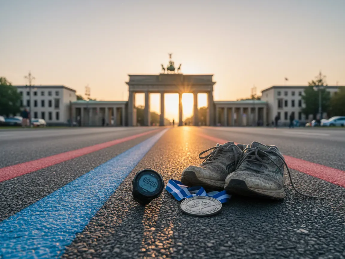 Buty biegowe, zegarek i medal na asfalcie maratonu o świcie, w tle rozmyta Brama Brandenburska w złotym świetle.