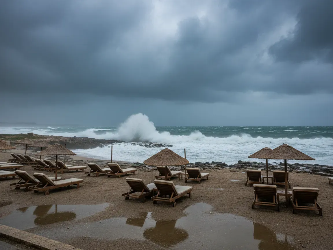Wzburzone morze i ciemne chmury burzowe nad opustoszałą kreteńską plażą z parasolami szarpanymi przez wiatr.