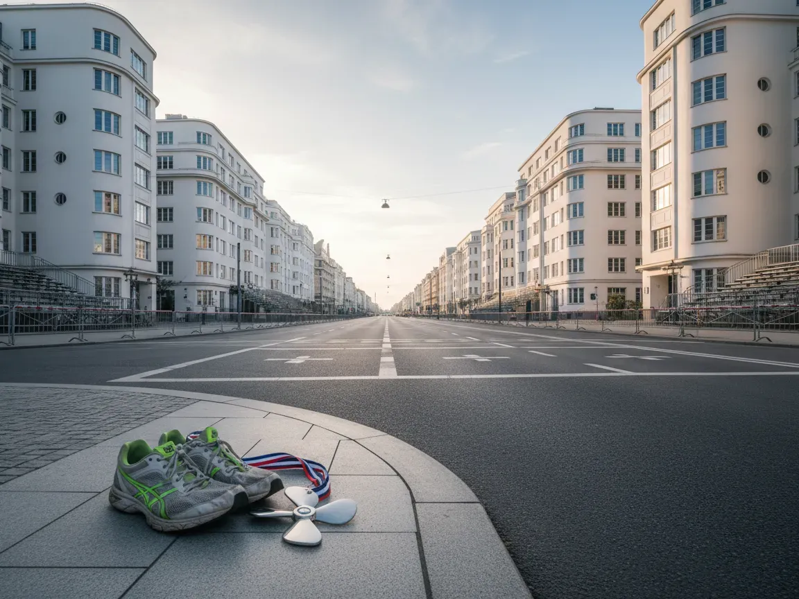 Pusta ulica w Gdyni o poranku, modernistyczne kamienice, a na chodniku buty do biegania i medal.