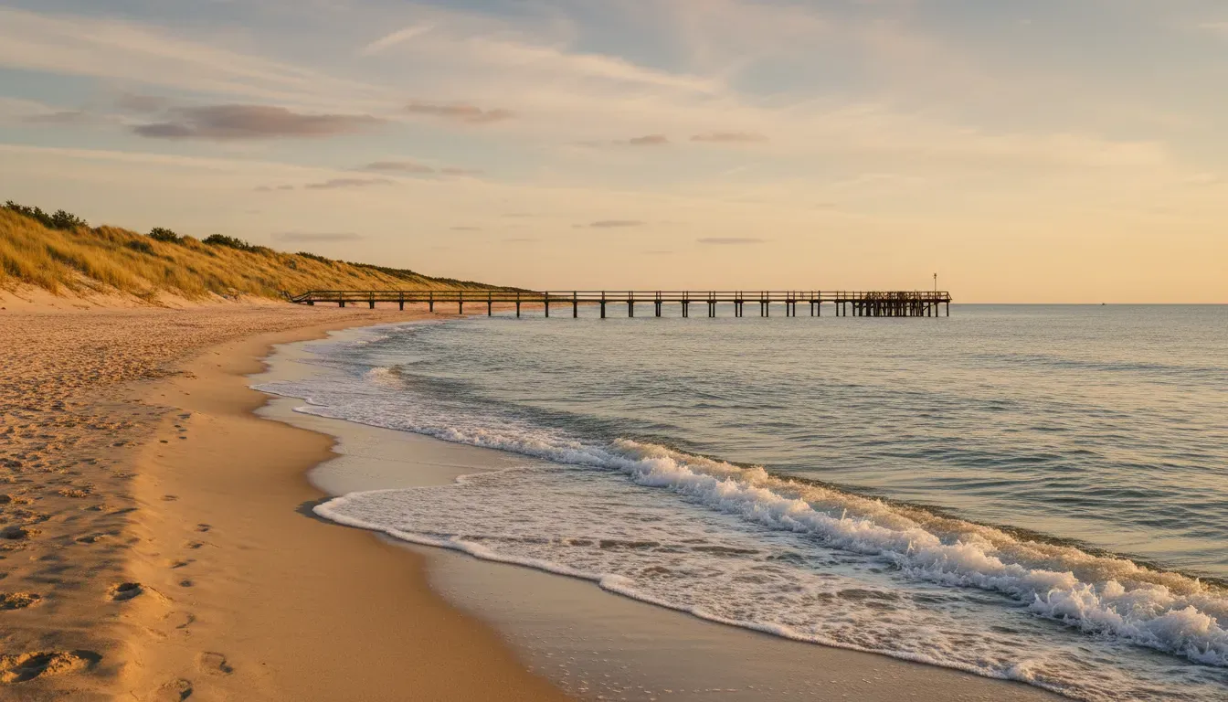 Pusta plaża nad Bałtykiem we wrześniu, złota godzina, drewniane molo, wydmy z trawą i łagodne fale na brzegu.